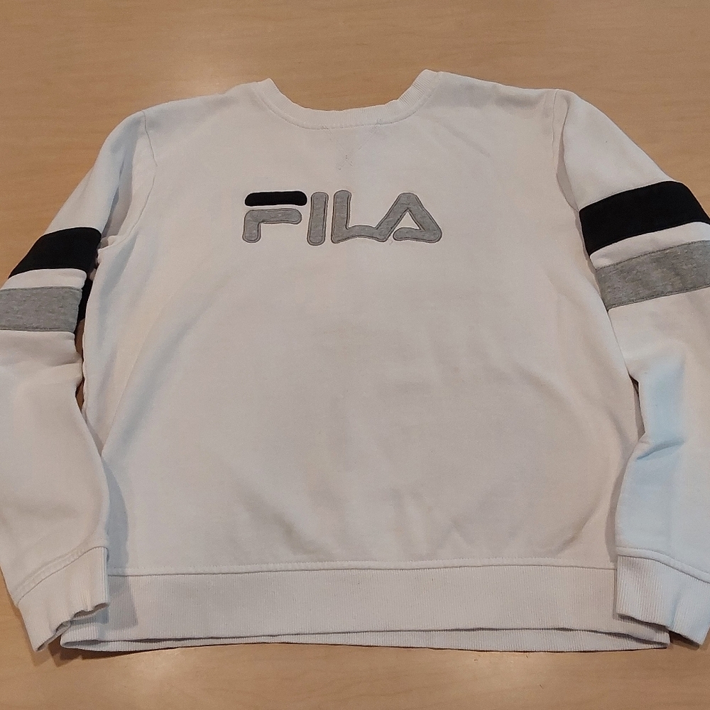 Fila Women's Crewneck Sweater in White with Black and Gray Stripes Large